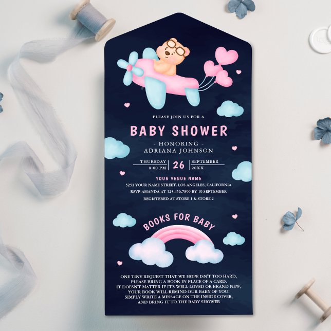 Pink Airplane Girl Teddy Bear Navy Baby Shower All In One Invitation (Creator Uploaded)