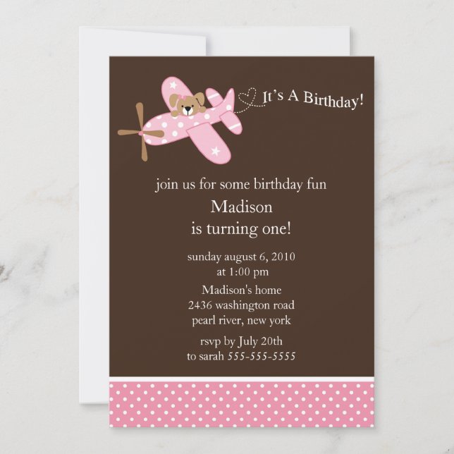 Pink Airplane Girl's Birthday Invitation (Front)