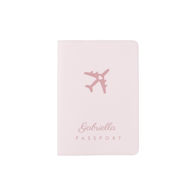 Pink Airplane Heart Simple Name Love Travel Passport Holder (Front)