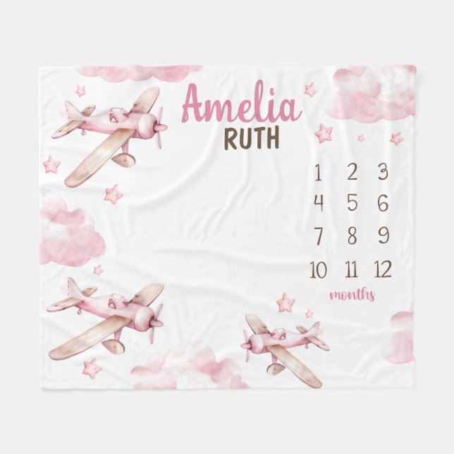 PINK AIRPLANE MILESTONE Blanket, Personalized Baby (Front (Horizontal))
