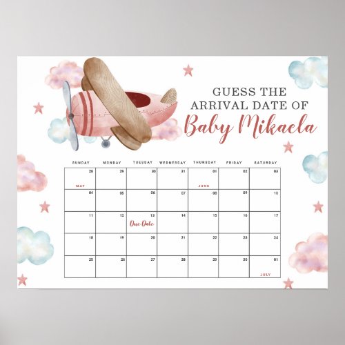 Pink Airplane Shower Guess Baby Due Date Calendar Poster