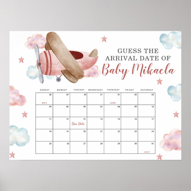 Pink Airplane Shower Guess Baby Due Date Calendar Poster (Front)