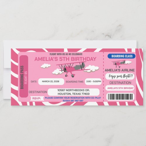 Pink Airplane Ticket Birthday Party Invitation