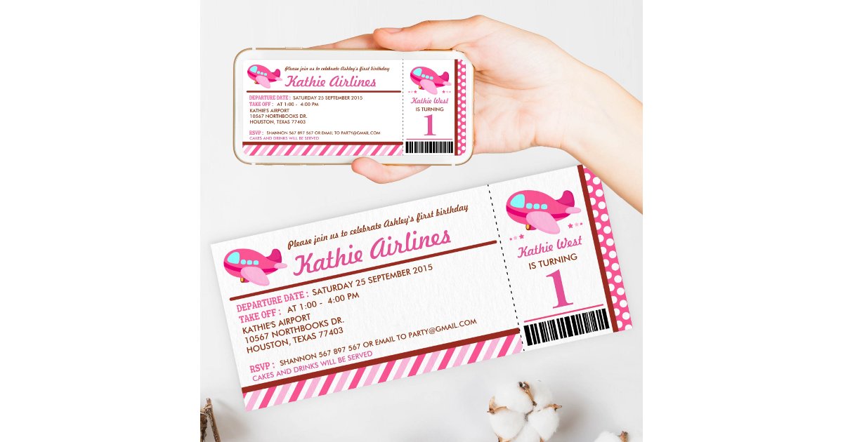 Pink Airplane Ticket Birthday Party Invitation | Zazzle