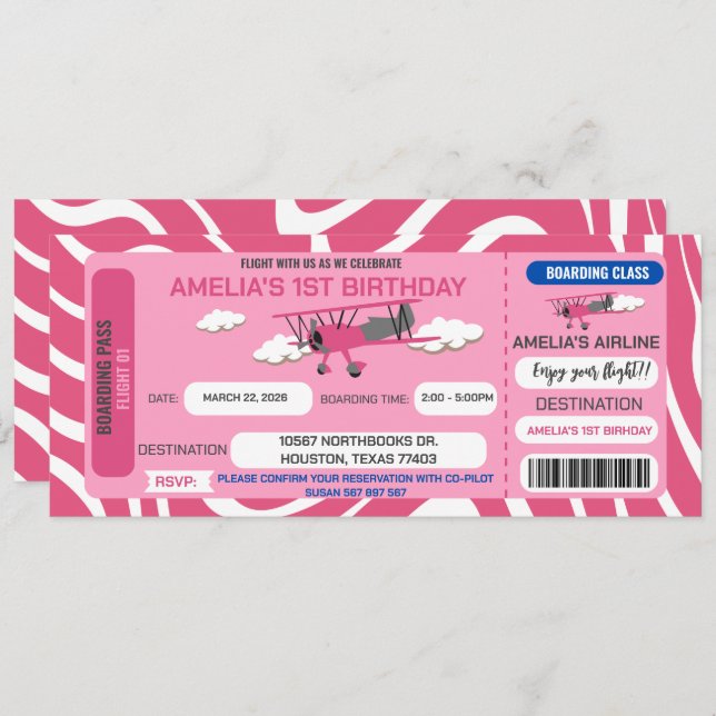 Pink Airplane Ticket Birthday Party Invitation (Front/Back)