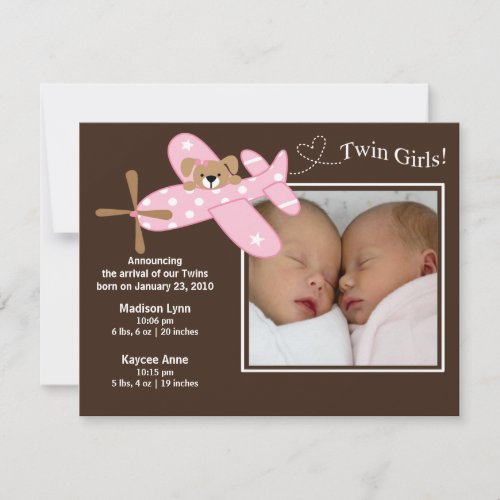 Pink Airplane Twin Girls Birth Annoucement Invitations