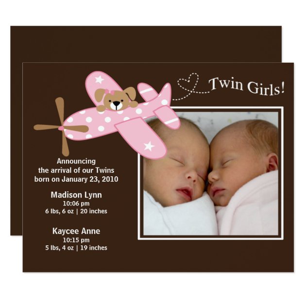 Pink Airplane Twin Girls Birth Annoucement Invitation