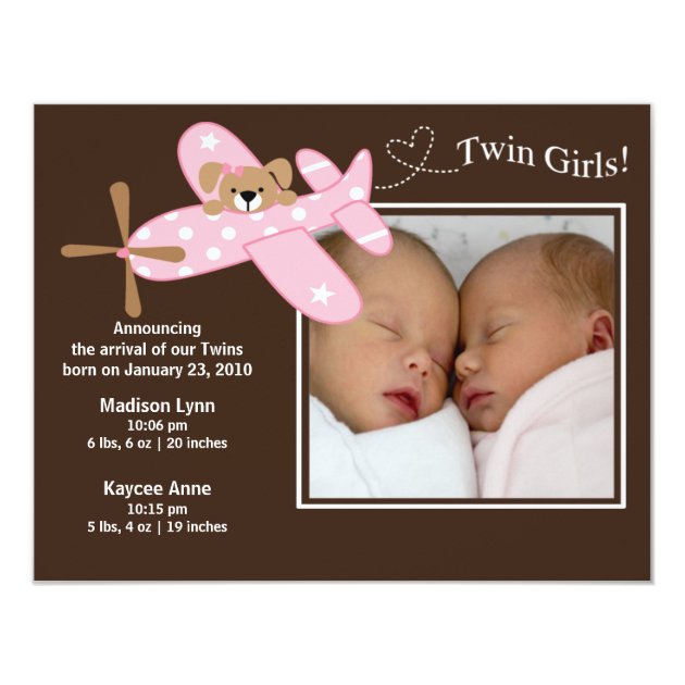 Pink Airplane Twin Girls Birth Annoucement Invitation