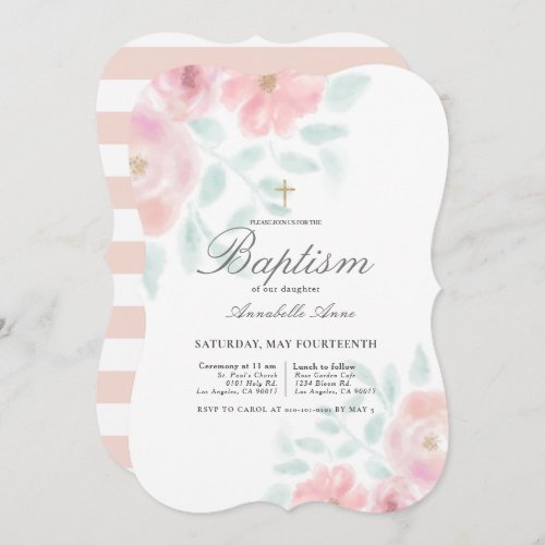 Pink Airy Roses Floral Girl Baptism Invitation