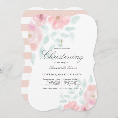 Pink Airy Roses Floral Girl Christening Invitation