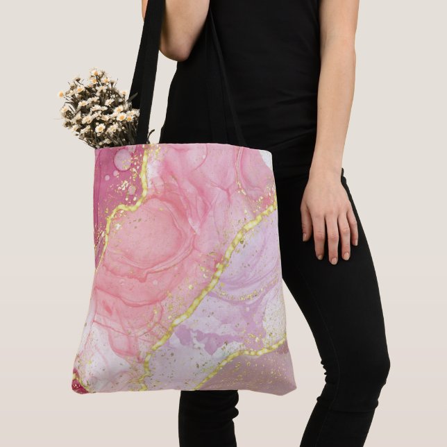 Pink Alcohol Ink Gold Elegant Tote Bag (Close Up)