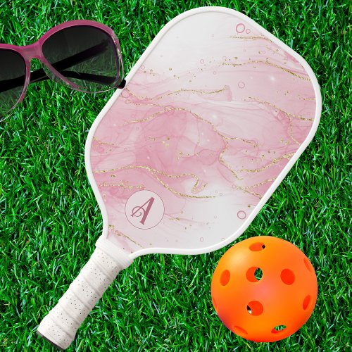 Pink Alcohol Ink with Gold Glitter Monogram Pickleball Paddle