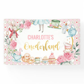 Pink Alice in Onederland 1st Birthday Backdrop Banner