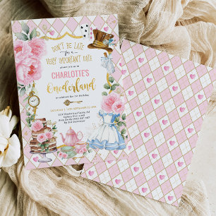 Pink Alice in Onederland 1st Birthday Tea Party Invitation