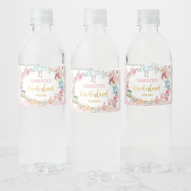Pink Alice in Onederland Birthday Party Favors Water Bottle Label (Bottles)