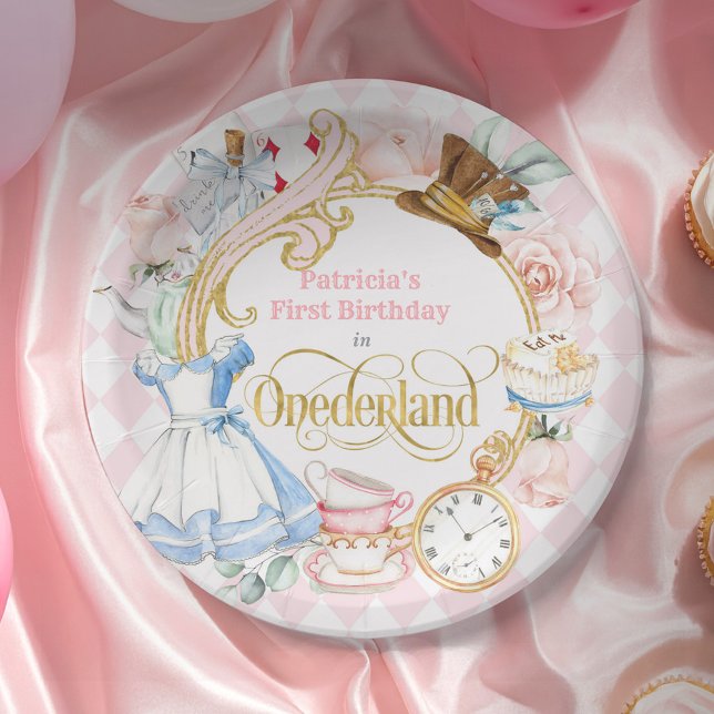 Pink Alice in ONEderland-Girl's First Birthday Paper Plates (Pink-Alice in ONEderland, Girl First Birthday Party Paper Plate, Vintage Pastel 1st birthday decor.)