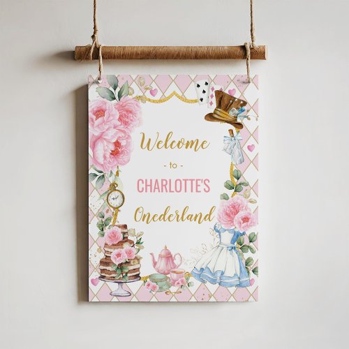 Pink Alice in Wonderland 1st Birthday Welcome Poster