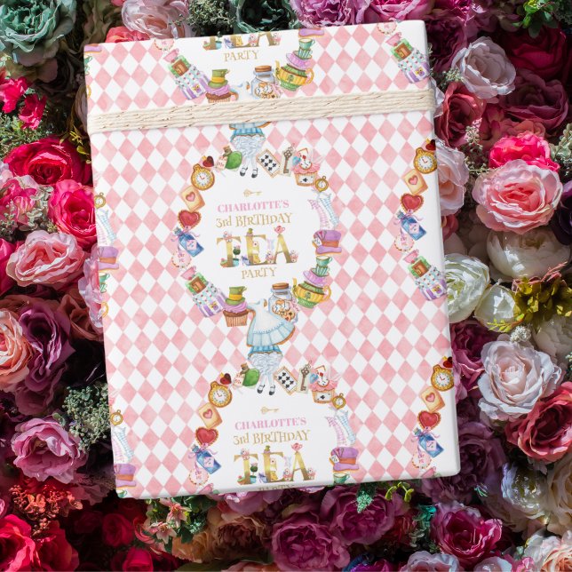 Pink Alice in Wonderland 3rd Birthday   Wrapping Paper (Creator Uploaded)