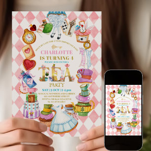 Pink Alice in Wonderland 4th birthday Invitation