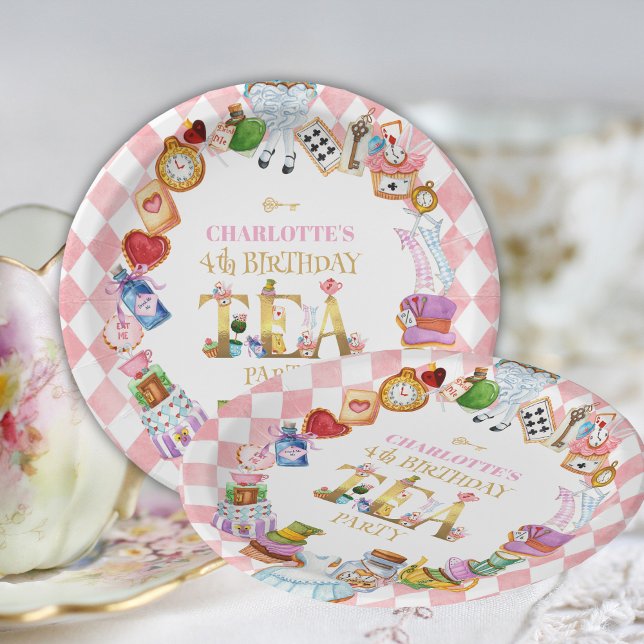 Pink Alice in Wonderland 4th Birthday   Paper Plates (Creator Uploaded)