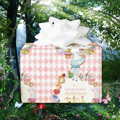 Pink Alice in Wonderland 5th Birthday   Wrapping Paper