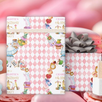 Pink Alice in Wonderland 6th Birthday   Wrapping Paper
