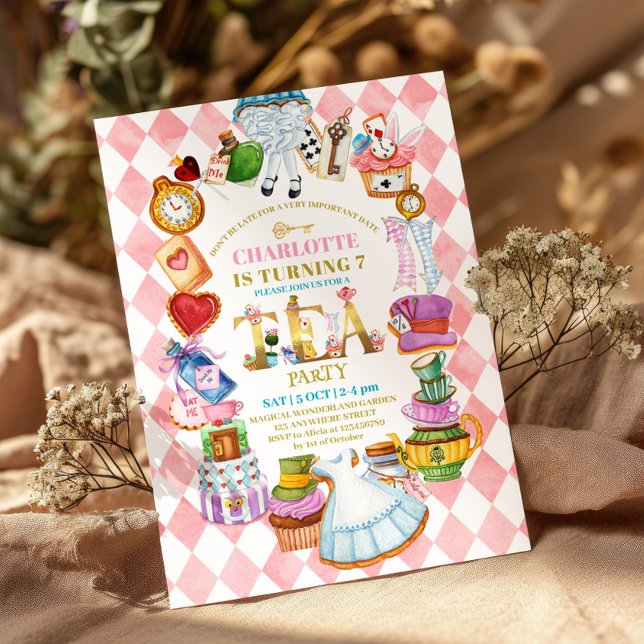Pink Alice in Wonderland 7th birthday Invitation (Creator Uploaded)