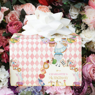 Pink Alice in Wonderland 7th Birthday Wrapping Paper