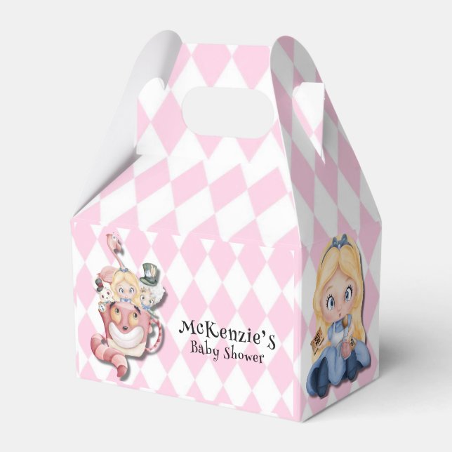 Pink Alice in Wonderland and Friends Baby Shower Favor Boxes (Front Side)