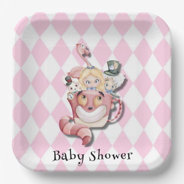 Pink Alice in Wonderland and Friends Baby Shower Paper Plates (Front)