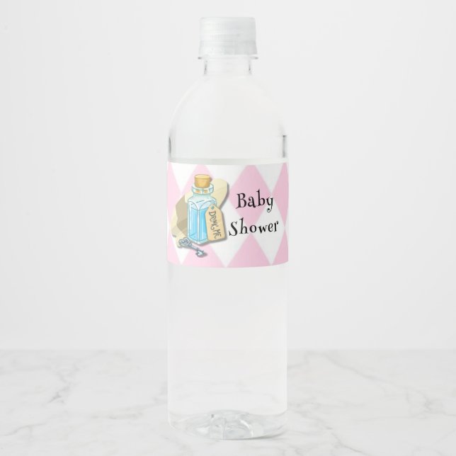 Pink Alice in Wonderland and Friends Baby Shower Water Bottle Label (Front)