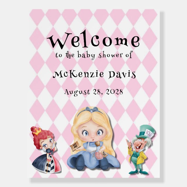 Pink Alice in Wonderland Baby Shower Welcome Sign (Front)