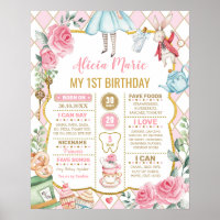 Pink Alice in Wonderland Birthday Stats Milestone Poster