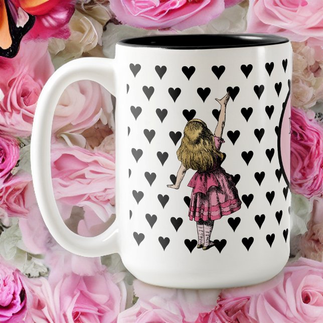 Pink Alice in Wonderland Black Heart Drink Me Two-Tone Coffee Mug (Creator Uploaded)