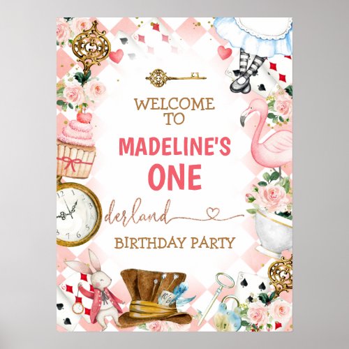 Pink Alice In Wonderland Oneder Birthday Welcome Poster