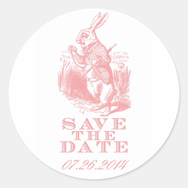 Pink Alice in Wonderland Save the Date Stickers (Front)