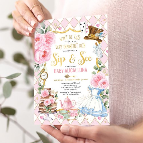 Pink Alice in Wonderland Sip  See Baby Shower Tea Invitation