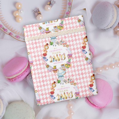 Pink Alice in Wonderland Tea for Two Birthday   Wrapping Paper