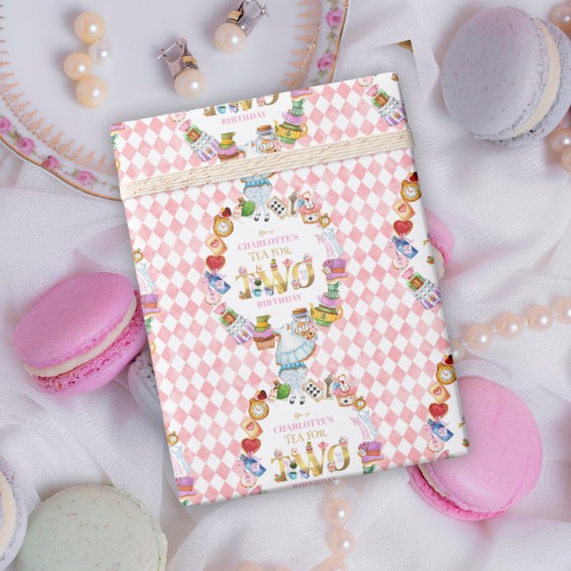 Pink Alice in Wonderland Tea for Two Birthday   Wrapping Paper (Creator Uploaded)