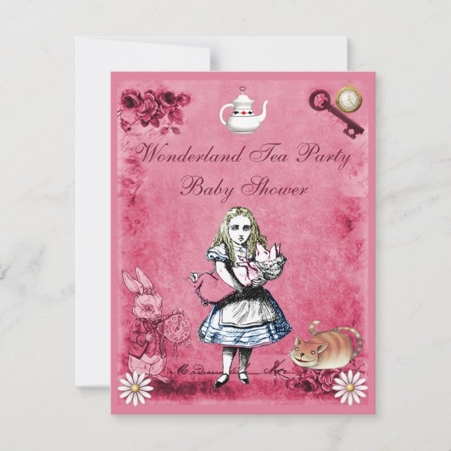 Pink Alice in Wonderland Tea Party Baby Shower Invitation (Front)