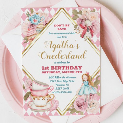 Pink Alice in Wonderland Tea Party Birthday Invita Invitation