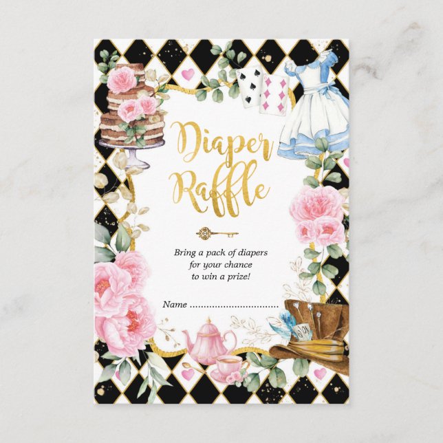 Pink Alice in Wonderland Tea Party Diaper Raffle Enclosure Card (Front)