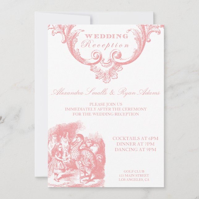 Pink Alice in Wonderland Wedding Reception Card (Front)