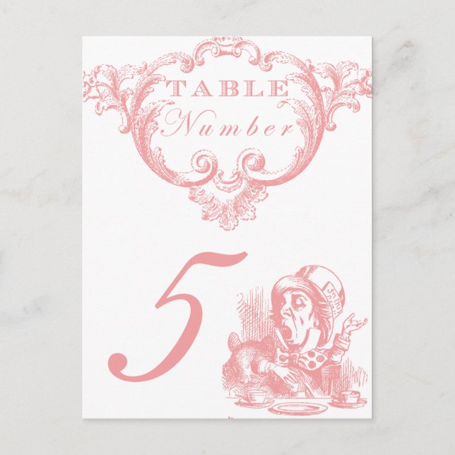 Pink Alice in Wonderland Wedding Table Numbers (Front)