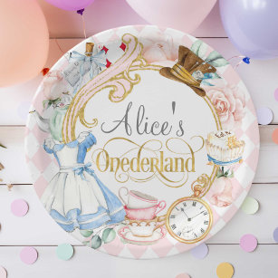 Pink, Alice Onederland, Girl 1st birthday Paper Plates