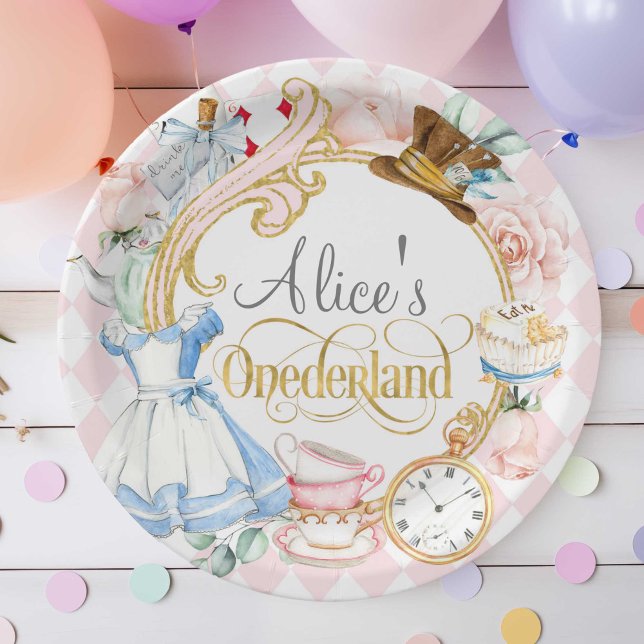 Pink, Alice Onederland, Girl 1st birthday Paper Plates (Pink, Alice Onederland, girl 1st birthday, Mad hatter tea party birthday paper plate.)