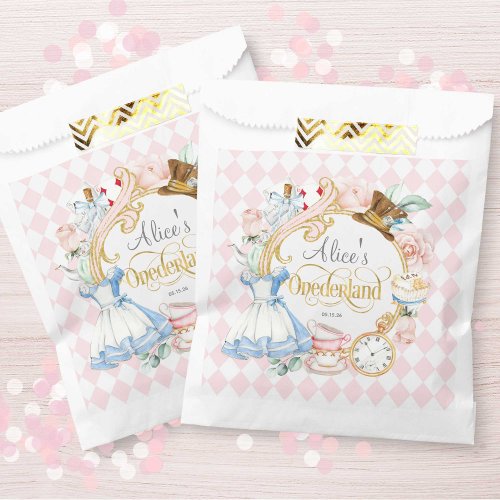 Pink Alice Onederland Girl 1st birthday snack Favor Bag