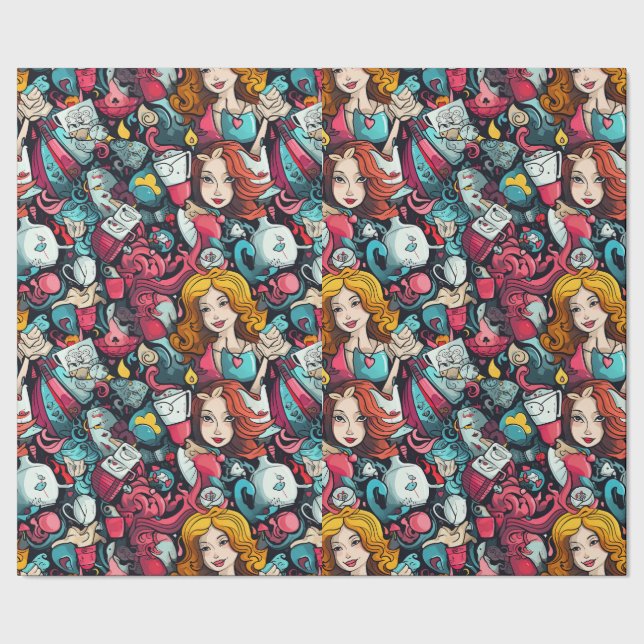 Pink Alice Tea Party Theme Wrapping Paper (Seam)