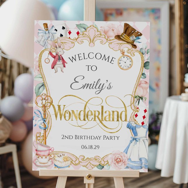 Pink Alice Wonderland Mad Hatter Birthday Welcome  Foam Board (Pink Alice Wonderland Mad Hatter Tea party, Girl 2nd birthday welcome sign.)