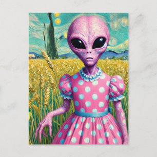 Pink Alien in a Polka Dot Dress in Wheat Field Postcard